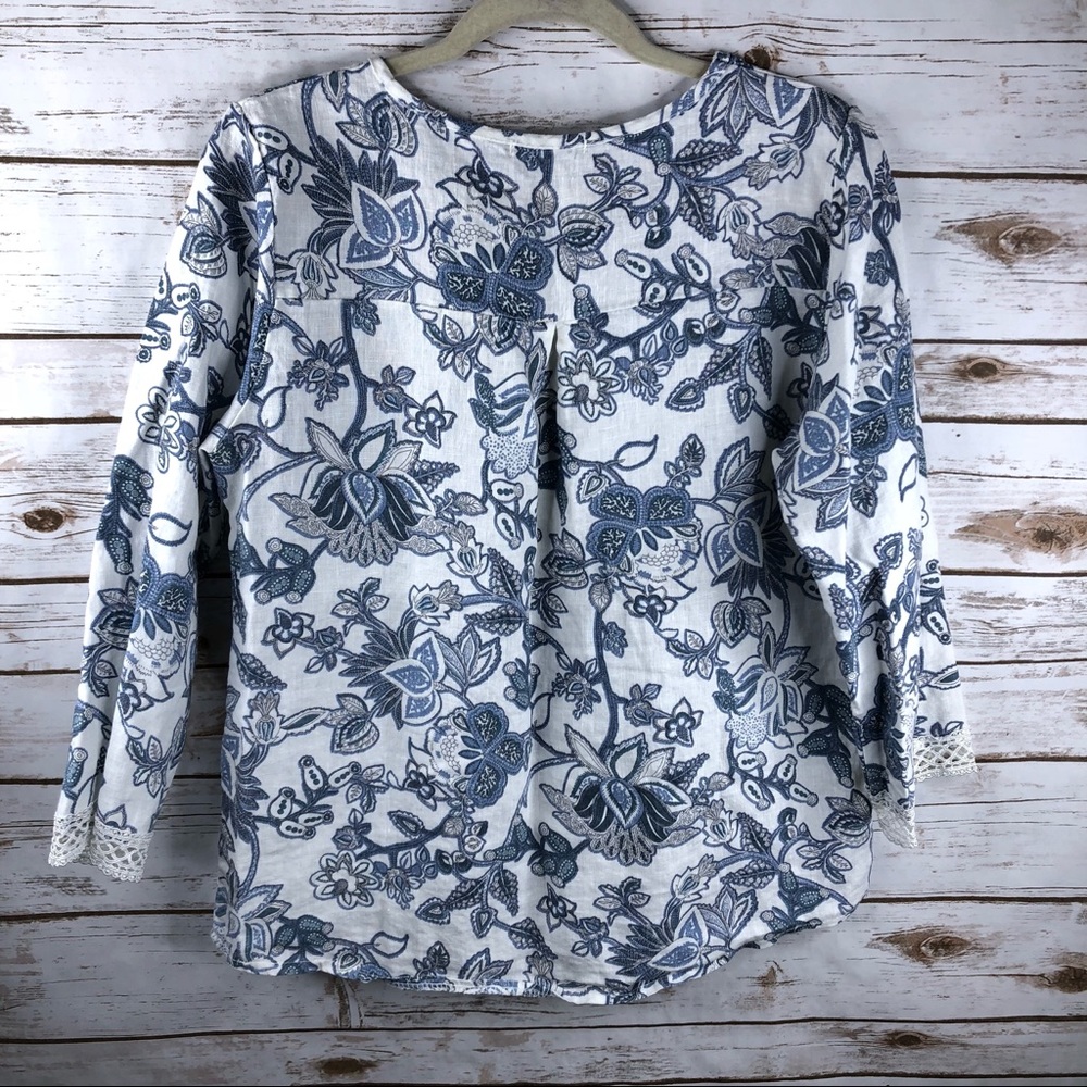 Elena Baldi Italy blue floral linen lace trim top - Picture 5 of 8